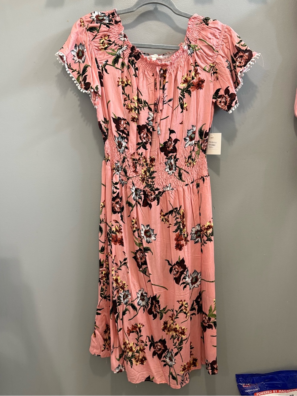 DASHING Women’s Ruffle Off The Shoulder Pom Pom Smocked Floral Mini Dress NWT